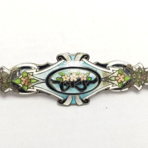 Vintage Richard Hemsley Long Sterling Silver Enamel Brooch Art Nouveau Antique - Picture 1 of 11